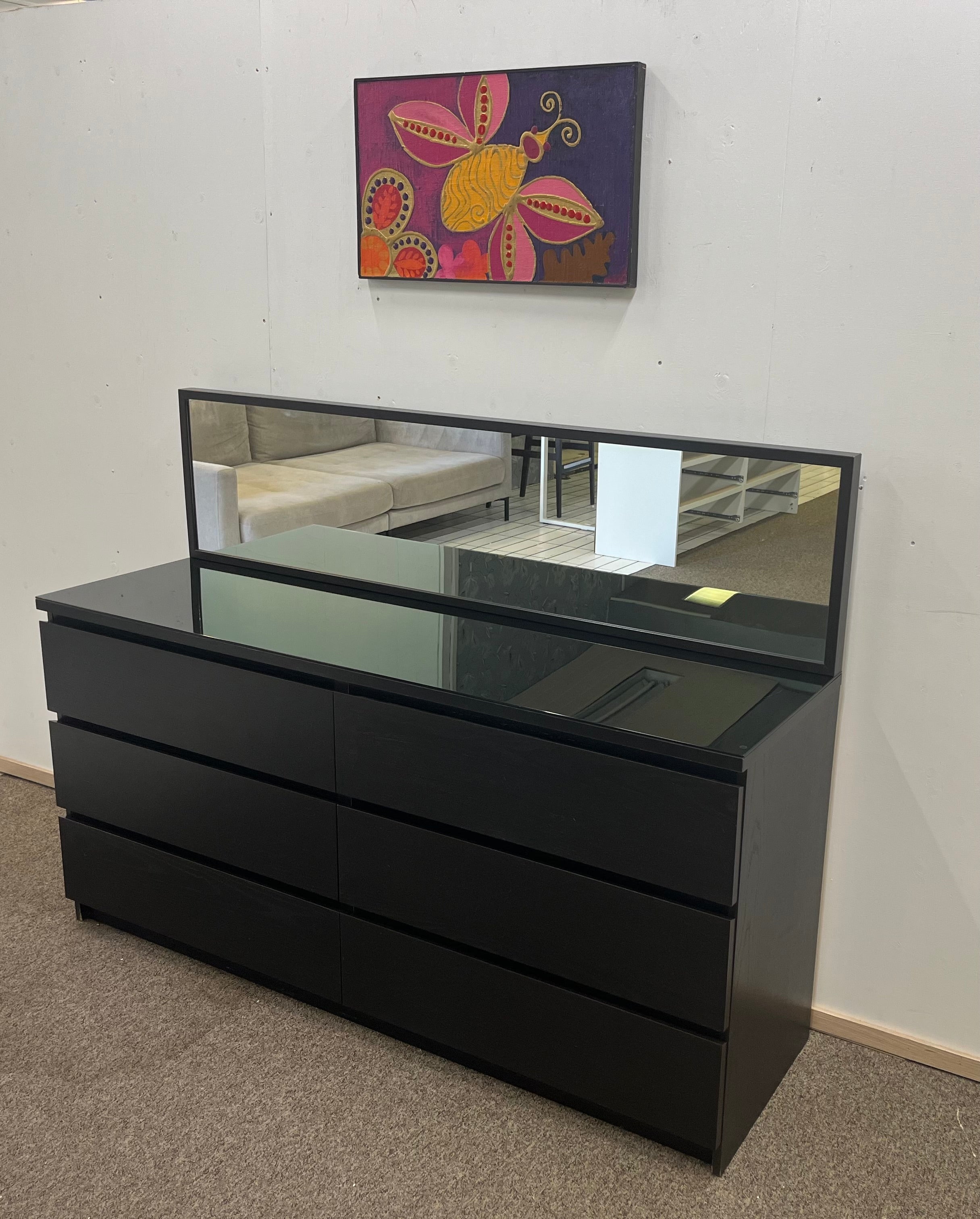 IKEA MALM Lipasto Lasilevyllä, 6 laatikkoa & Peili mukaan, musta