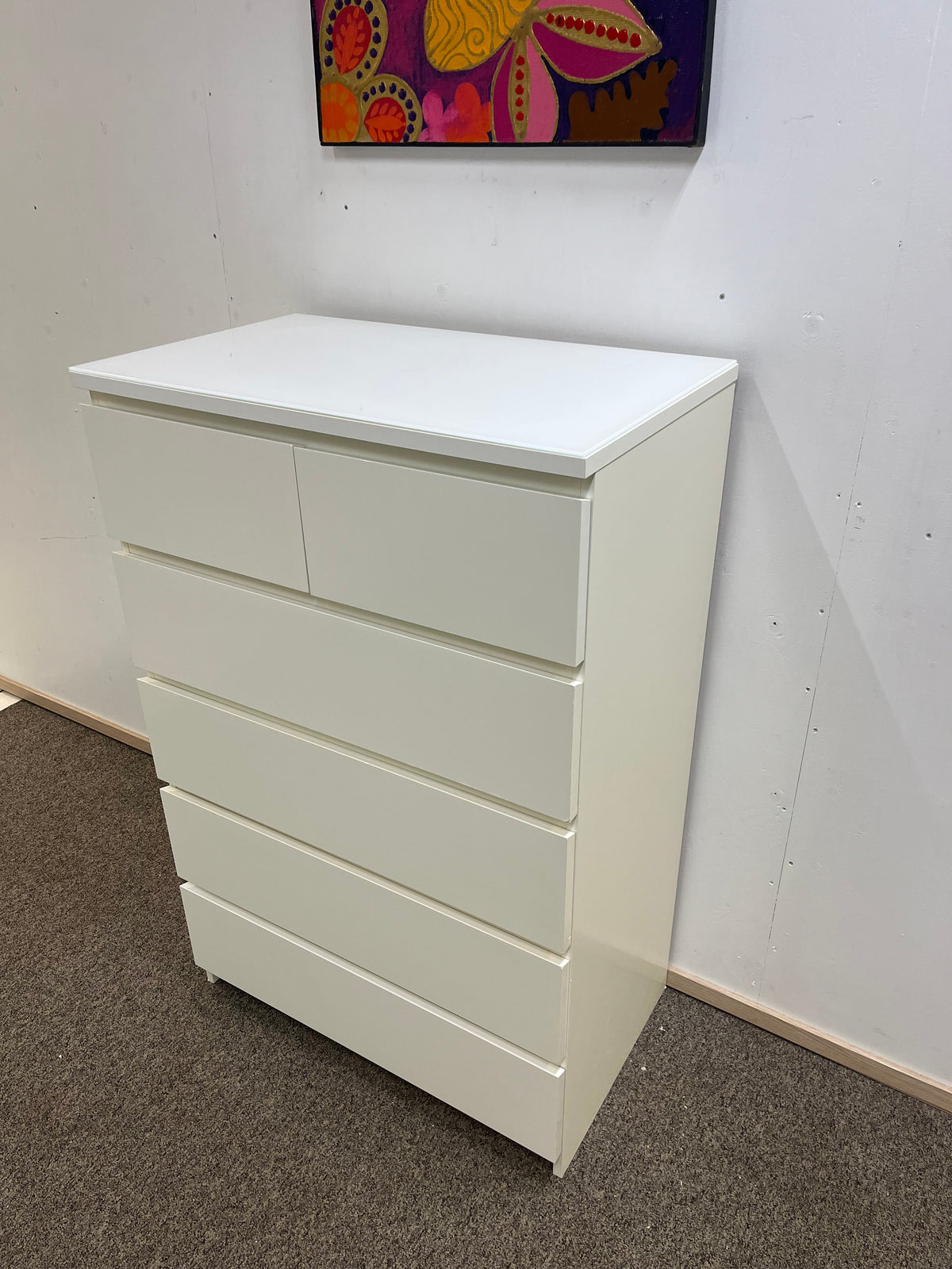 IKEA MALM Lipasto lasilevyllä, 6 laatikkoa