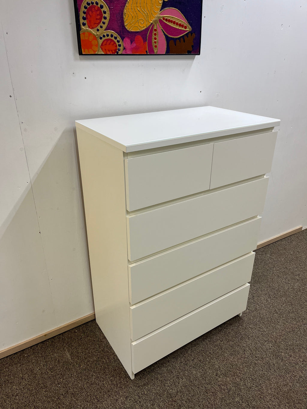 IKEA MALM Lipasto lasilevyllä, 6 laatikkoa