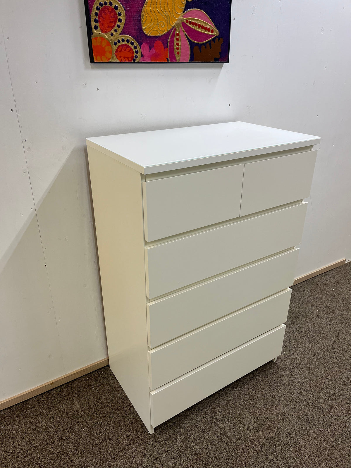 IKEA MALM Lipasto lasilevyllä, 6 laatikkoa