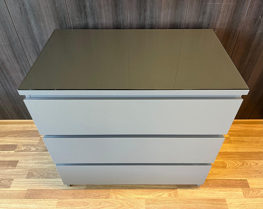 IKEA MALM Lipasto Lasileveyllä, 3 laatikkoa, harmaa